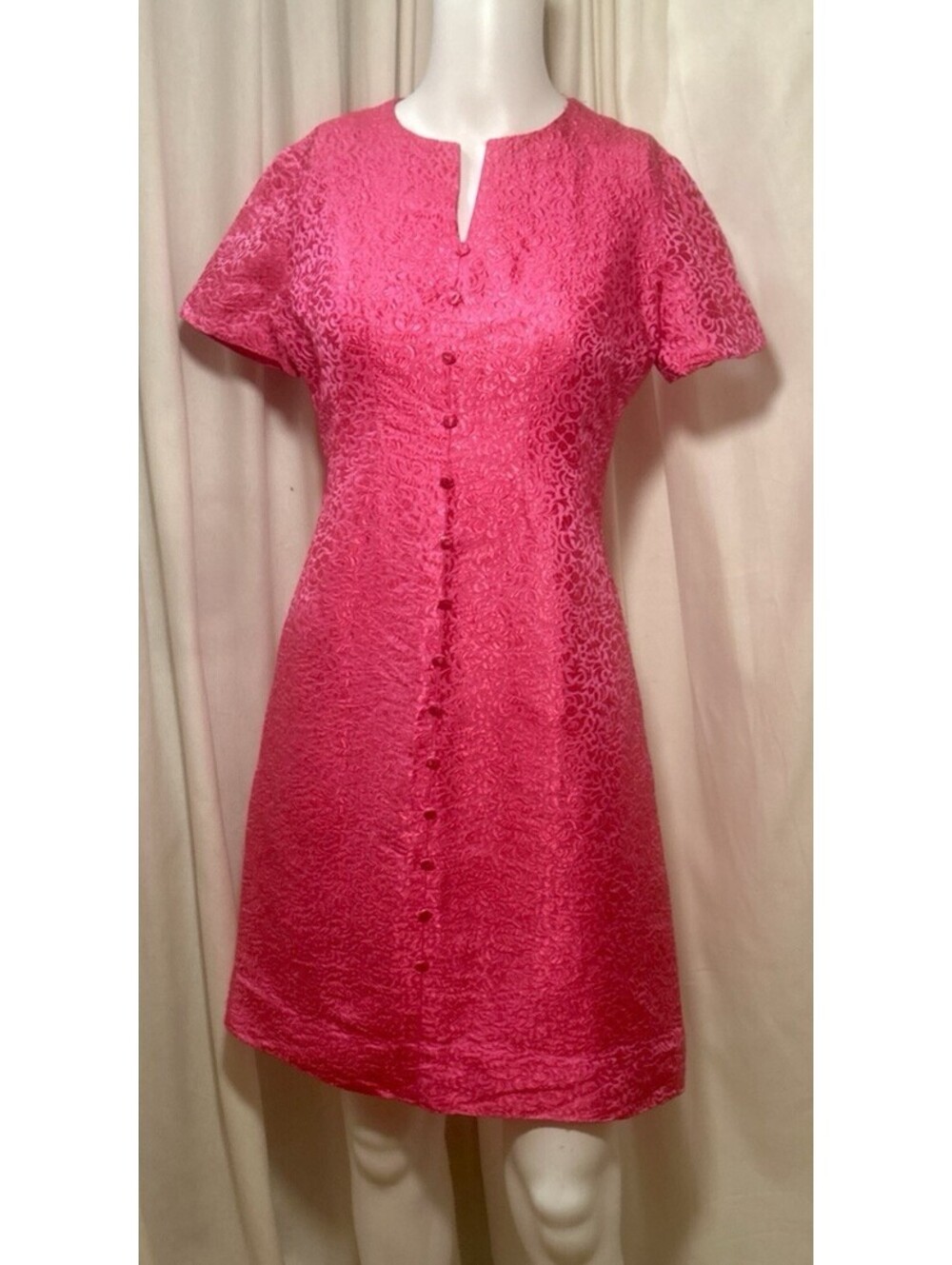 Vtg 50s 60s Handmade Hot Pink Jacquard Mod Go Go Cocktail Shift Mini Dress SZ S